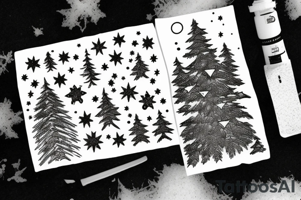 snowboard board, pines, snow, stars tattoo idea