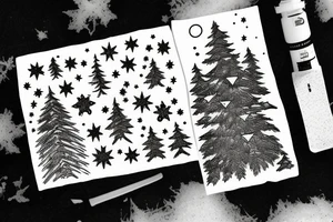 snowboard board, pines, snow, stars tattoo idea