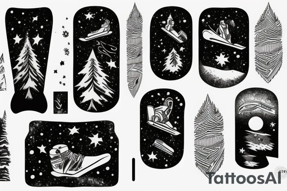 snowboard board, pines, snow, stars tattoo idea