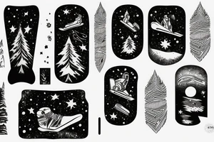 snowboard board, pines, snow, stars tattoo idea