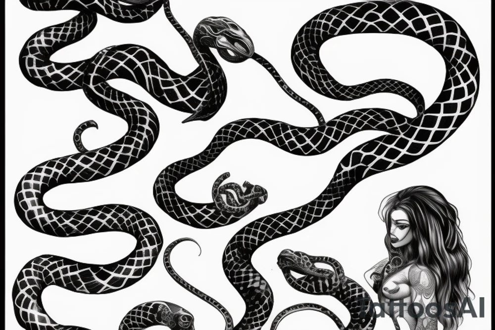 A female figure with lines likes snakes for the breast tattoo idea