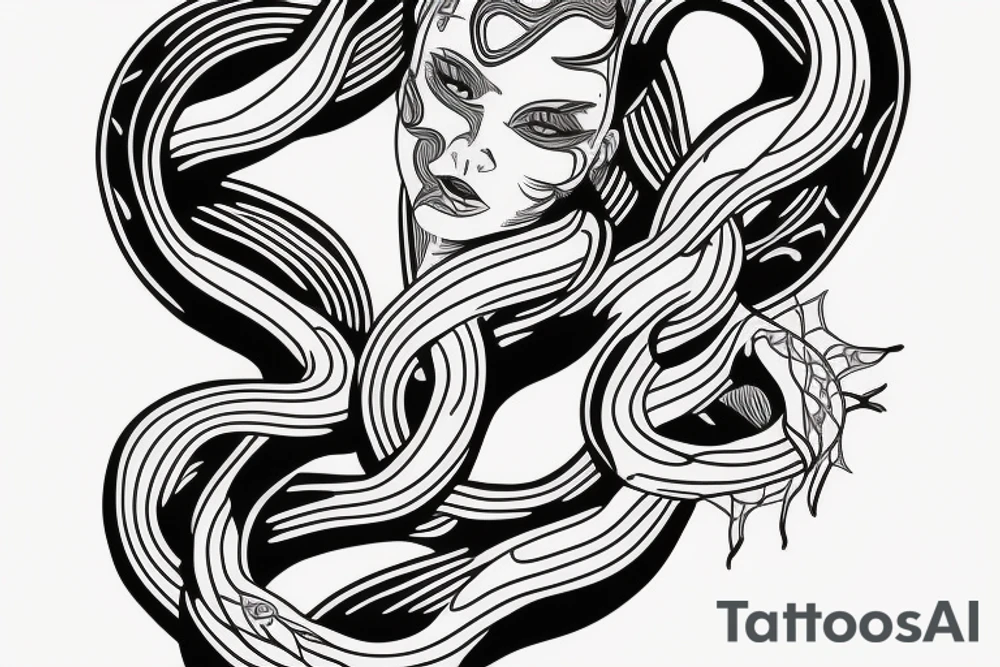A female figure with lines likes snakes for the breast tattoo idea