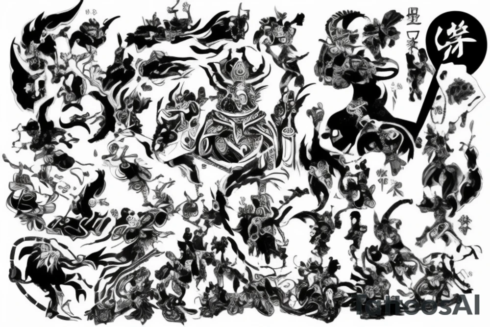 you need a black and white tattoo in the style of warriors or a combination of Japanese themes tattoo idea