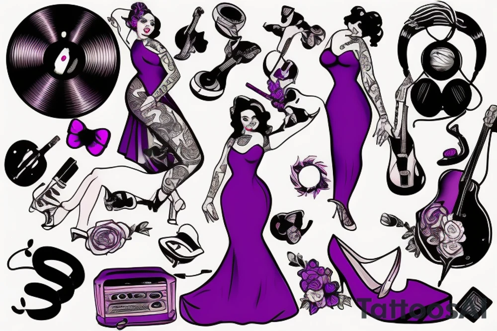 pinup playing music wearing a purple dress tattoo idea