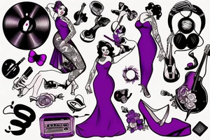pinup playing music wearing a purple dress tattoo idea