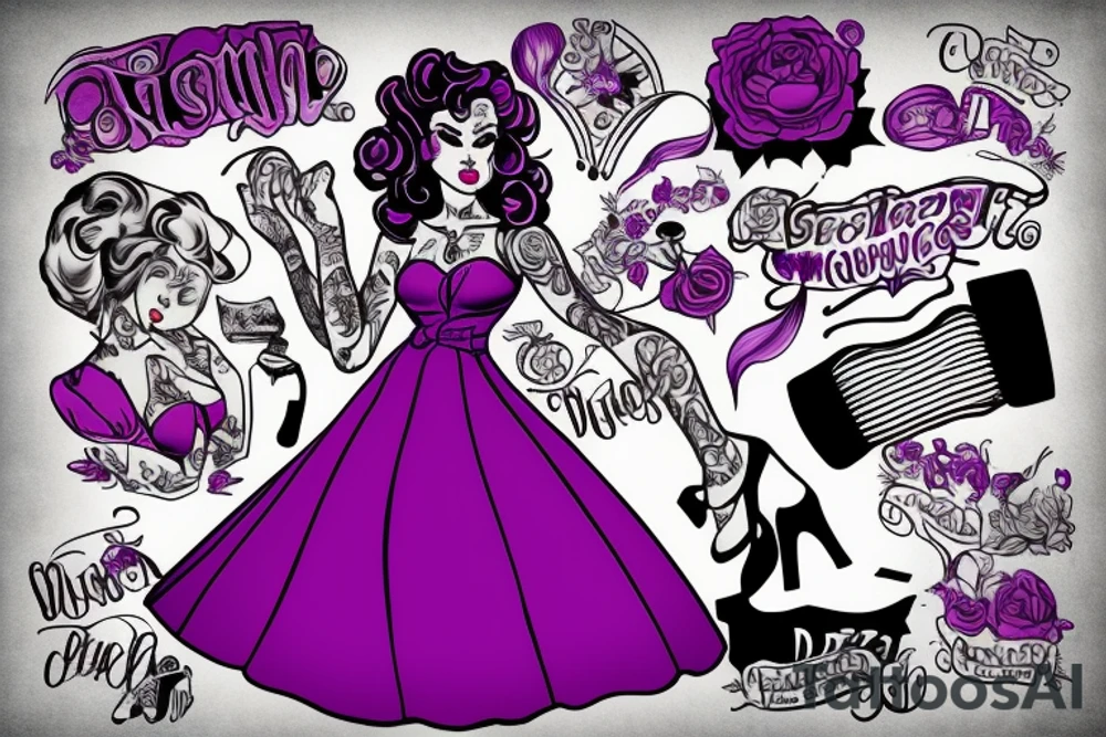 pinup playing music wearing a purple dress tattoo idea
