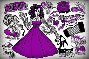 pinup playing music wearing a purple dress tattoo idea