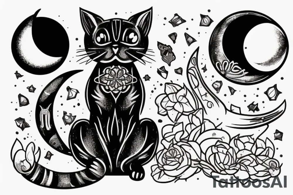 a cat sitting with a middle moon in the front no realistic tattoo idea