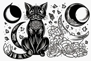 a cat sitting with a middle moon in the front no realistic tattoo idea