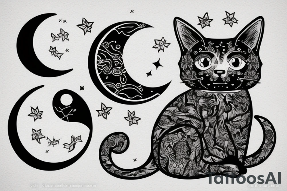a cat sitting with a middle moon in the front no realistic tattoo idea