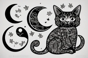 a cat sitting with a middle moon in the front no realistic tattoo idea