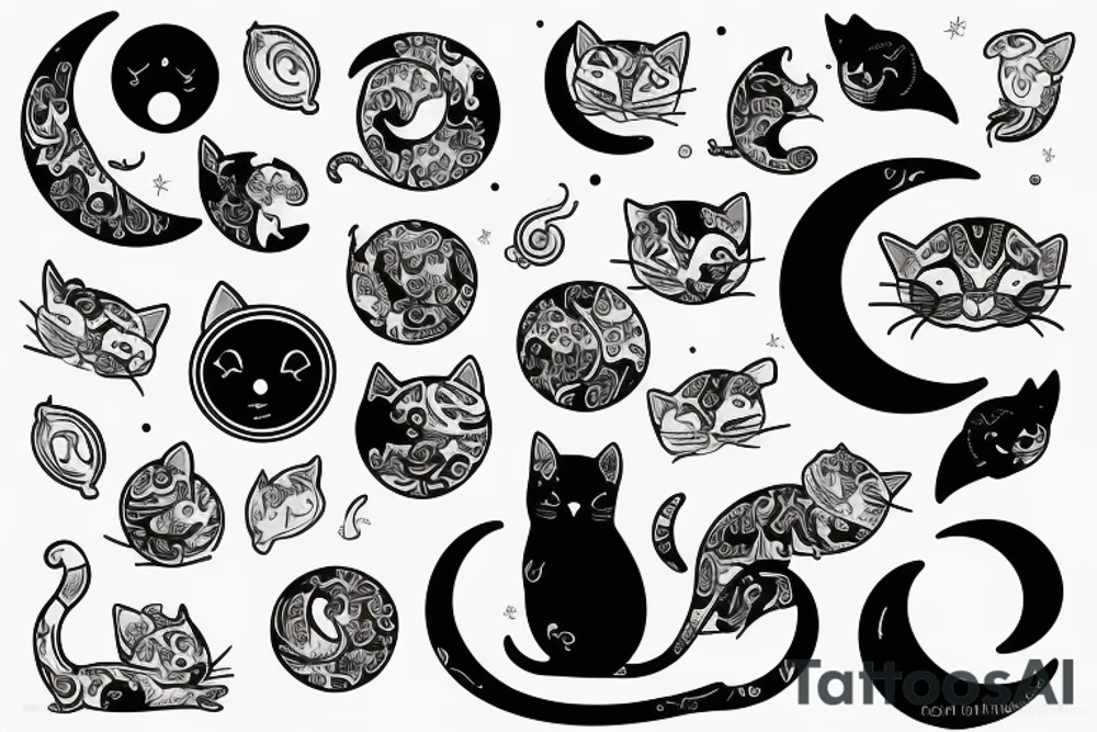a cat sitting with a middle moon in the front no realistic tattoo idea