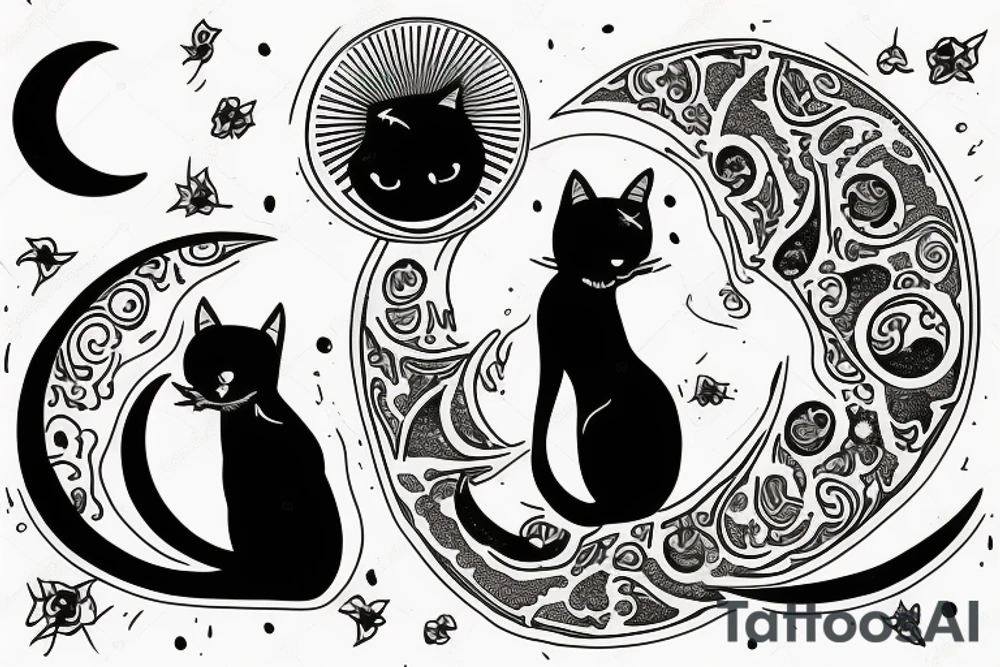 a cat sitting with a middle moon no realistic tattoo idea