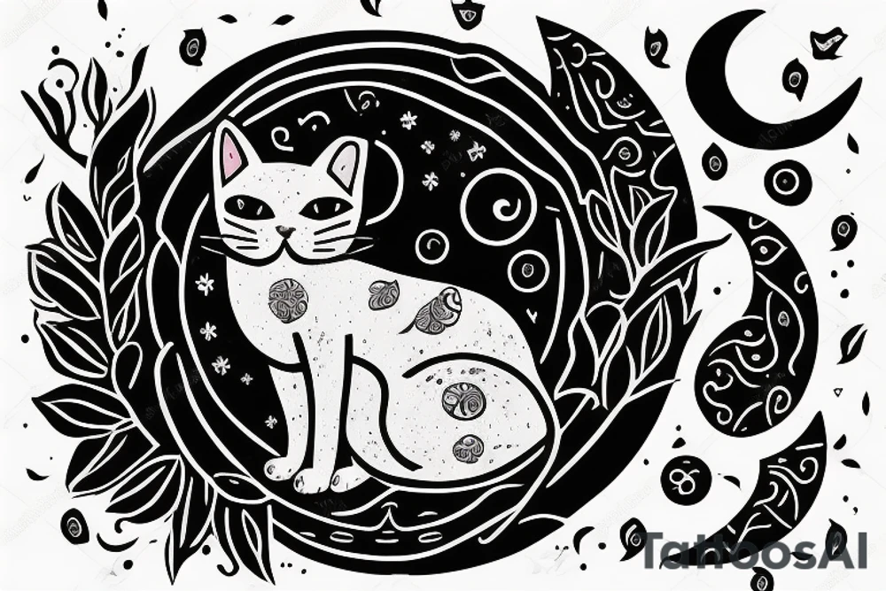 a cat sitting with a middle moon no realistic tattoo idea