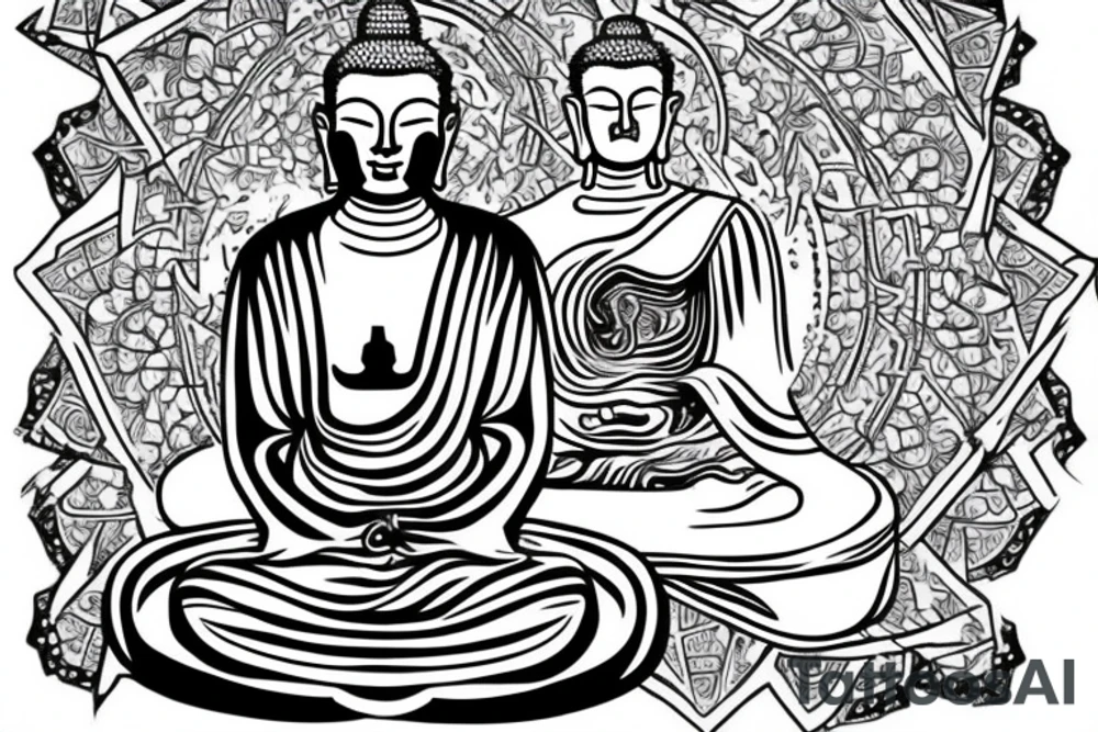dying buddha with atom symbol tattoo idea