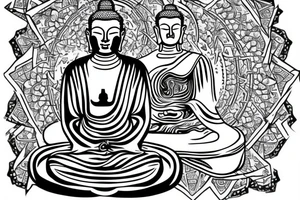 dying buddha with atom symbol tattoo idea