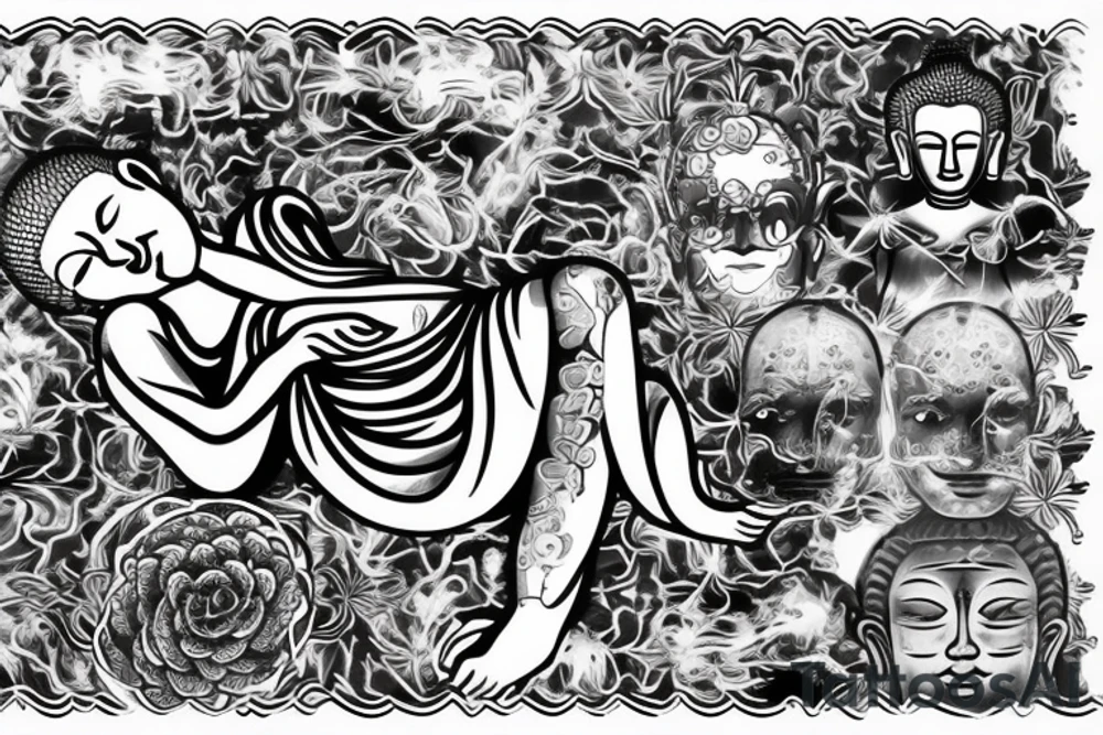 dying buddha with atom symbol tattoo idea