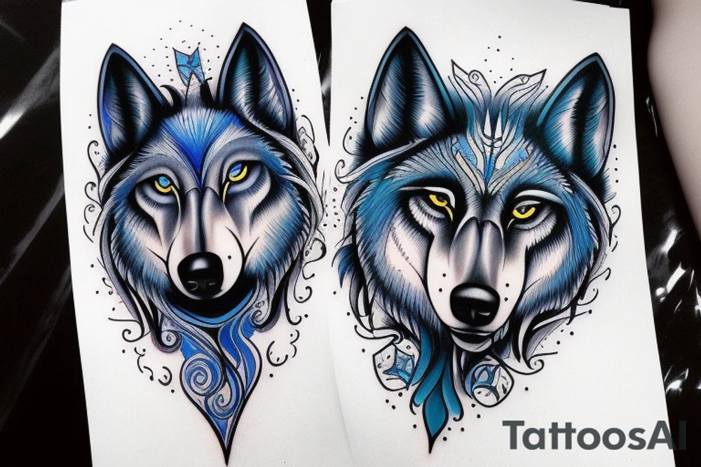 black wolf with blue eyes and a full moon on maintain tattoo idea