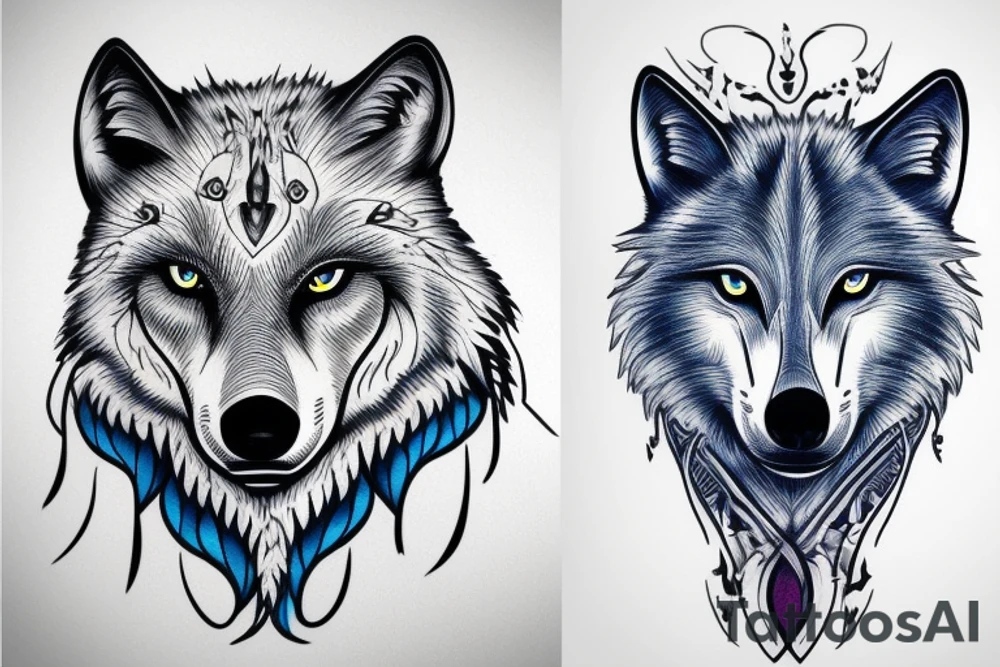 wolf with blue eyes and a full moon on maintain tattoo idea