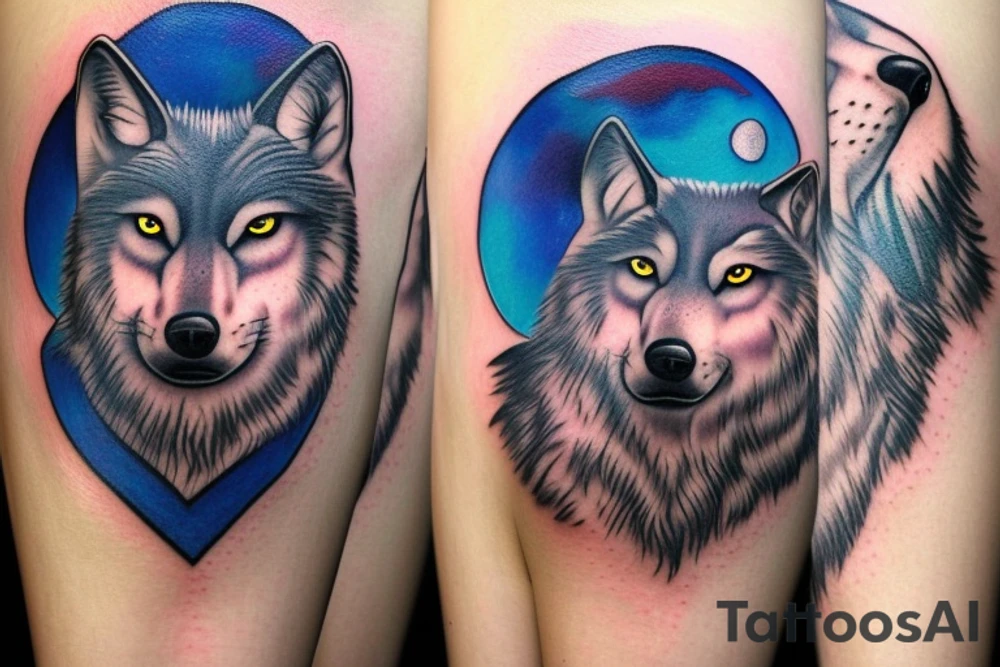 wolf with blue eyes and a full moon on maintain tattoo idea