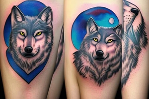 wolf with blue eyes and a full moon on maintain tattoo idea