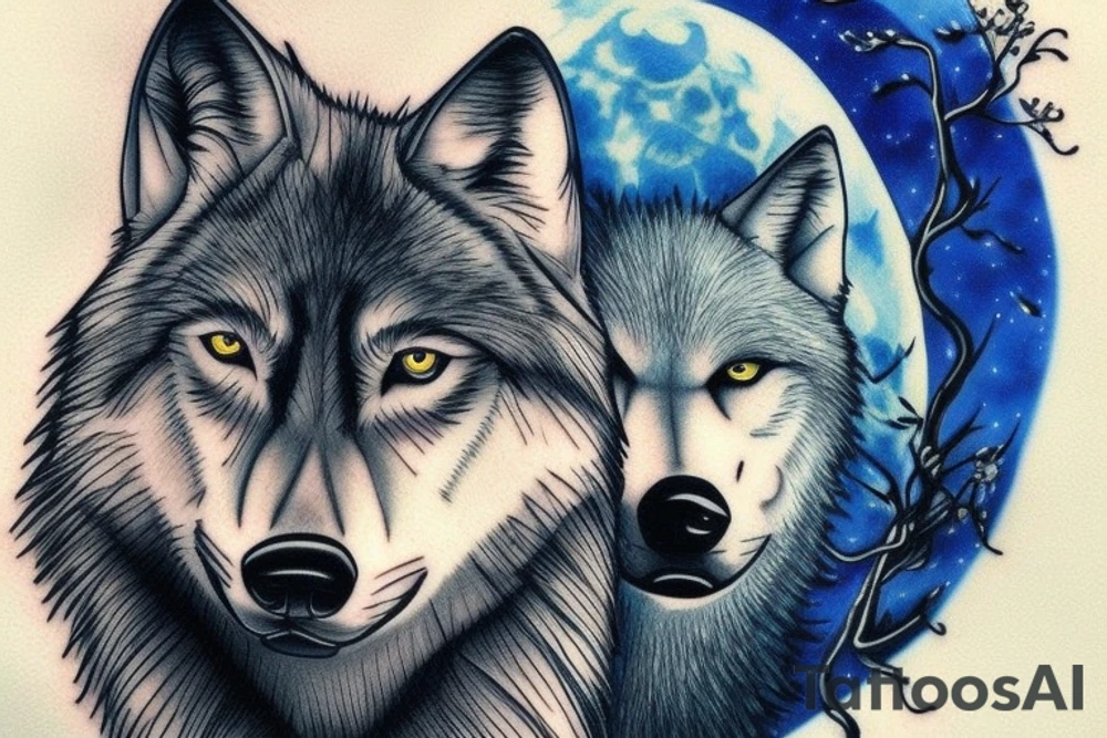 wolf with blue eyes and a full moon on maintain tattoo idea