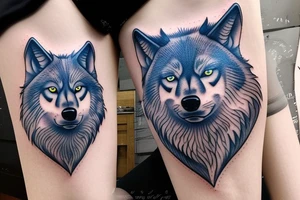wolf with blue eyes and a full moon on maintain tattoo idea