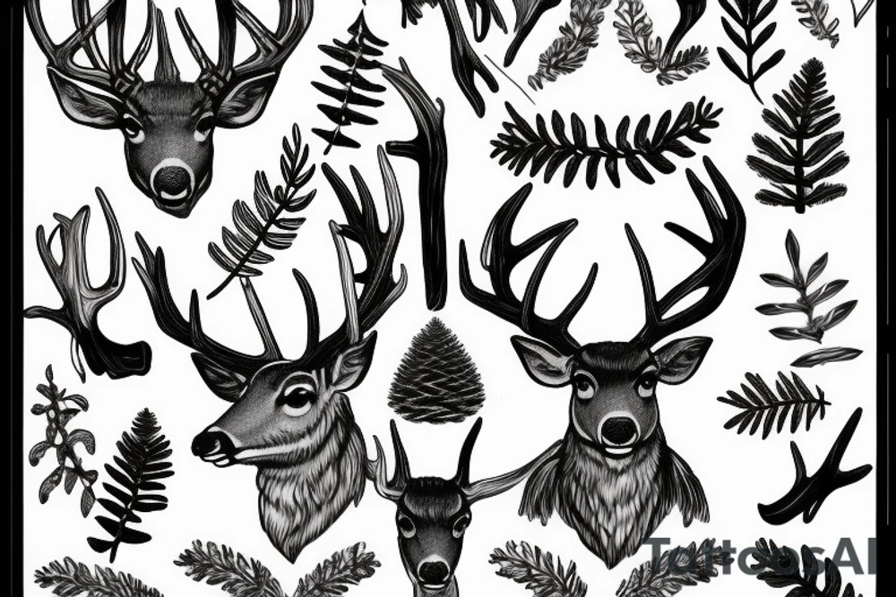 deer horns fern fir branches juniper tattoo idea