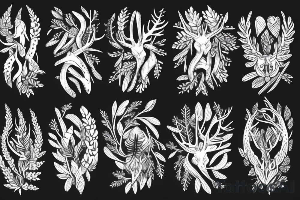 deer horns fern fir branches juniper tattoo idea