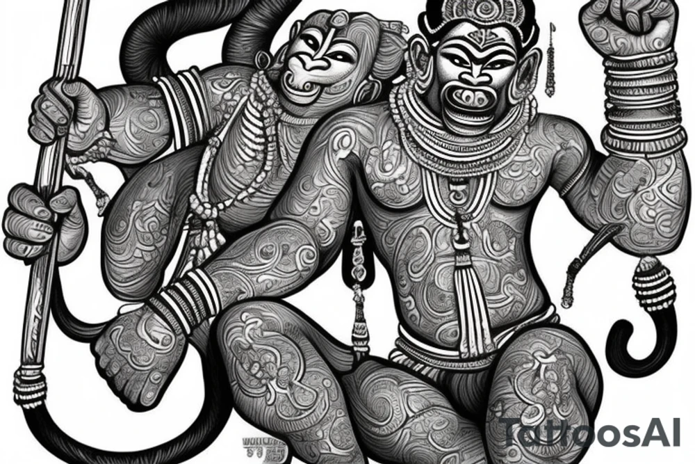 create me a traditional "Hanuman" Sak yank but shooting up with 2 glocks, in black and white, with the traditional Thai methodology. tattoo idea