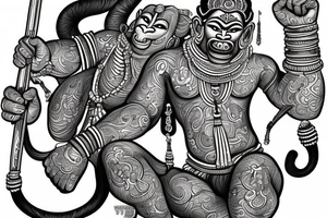 create me a traditional "Hanuman" Sak yank but shooting up with 2 glocks, in black and white, with the traditional Thai methodology. tattoo idea