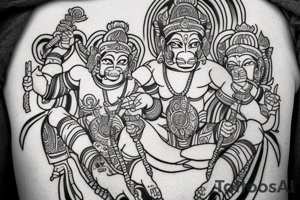 create me a traditional "Hanuman" Sak yank but shooting up with 2 glocks, in black and white, with the traditional Thai methodology. tattoo idea