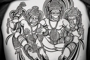 create me a traditional "Hanuman" Sak yank but shooting up with 2 glocks, in black and white, with the traditional Thai methodology. tattoo idea