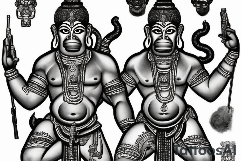 create me a traditional "Hanuman" Sak yank but shooting up with 2 Guns, in black and white, with the traditional Thai methodology. tattoo idea