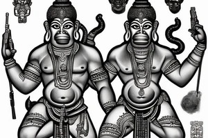 create me a traditional "Hanuman" Sak yank but shooting up with 2 Guns, in black and white, with the traditional Thai methodology. tattoo idea