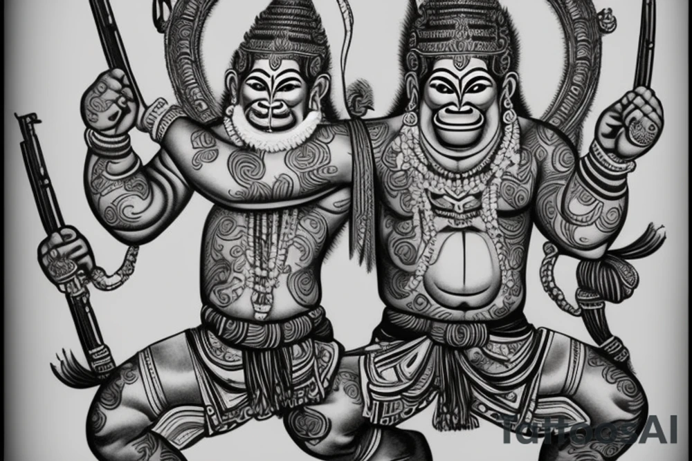 create me a traditional "Hanuman" Sak yank but shooting up with 2 Guns, in black and white, with the traditional Thai methodology. tattoo idea