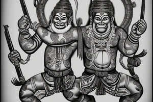 create me a traditional "Hanuman" Sak yank but shooting up with 2 Guns, in black and white, with the traditional Thai methodology. tattoo idea