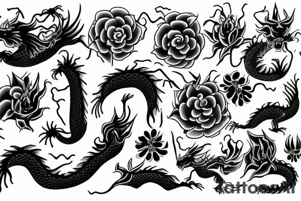 dragon with flowers tattoo idea