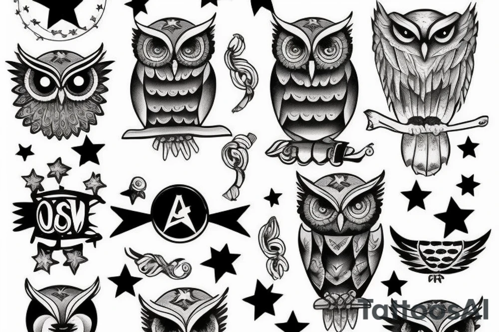 owl wisdom clouds and stars tattoo idea