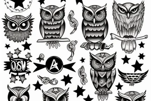 owl wisdom clouds and stars tattoo idea