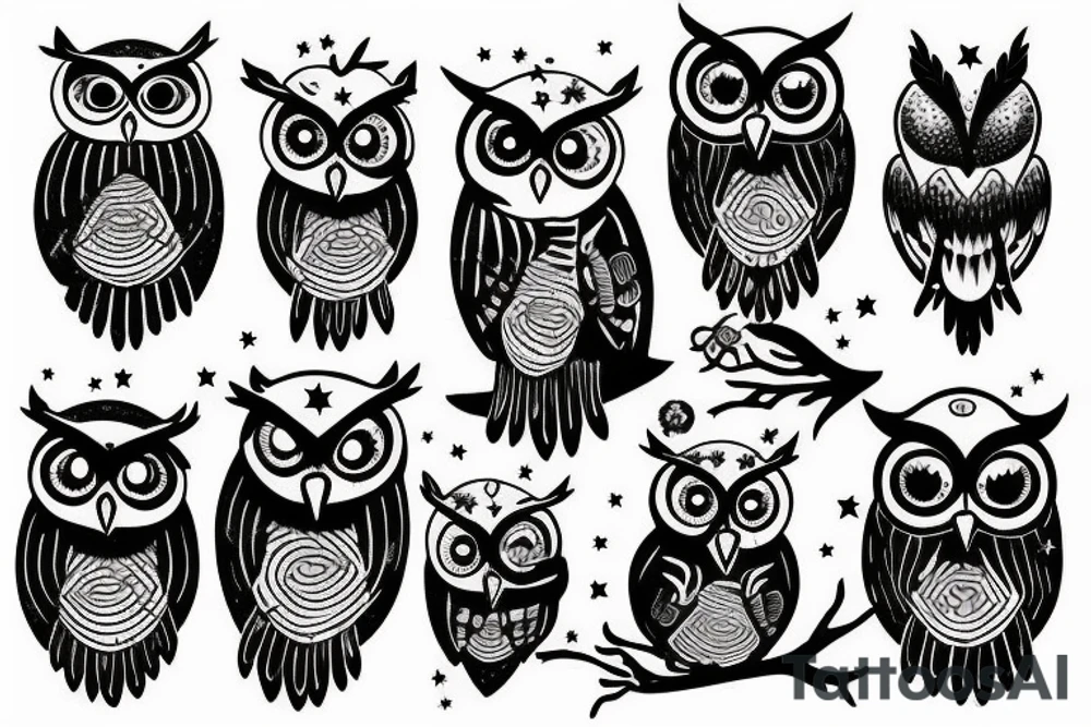 owl wisdom clouds and stars tattoo idea