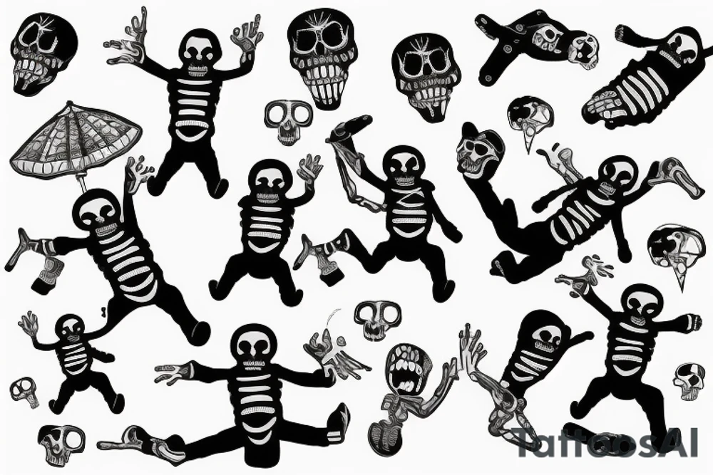 Two skeletons parachuting tantrum as the male is dogging styling the female in the air tattoo idea