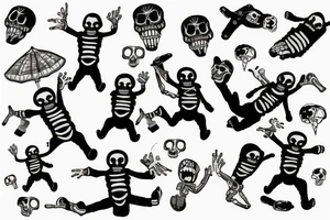 Two skeletons parachuting tantrum as the male is dogging styling the female in the air tattoo idea