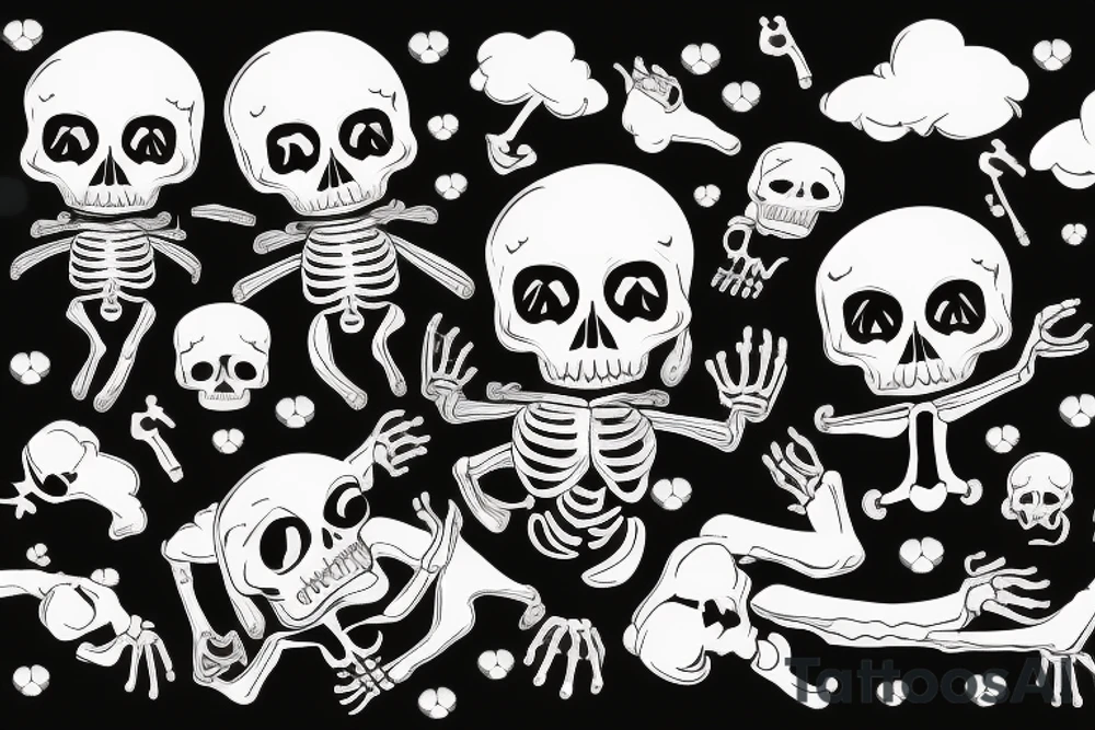 Two skeletons parachuting tantrum as the male is having sex with the female in the air tattoo idea
