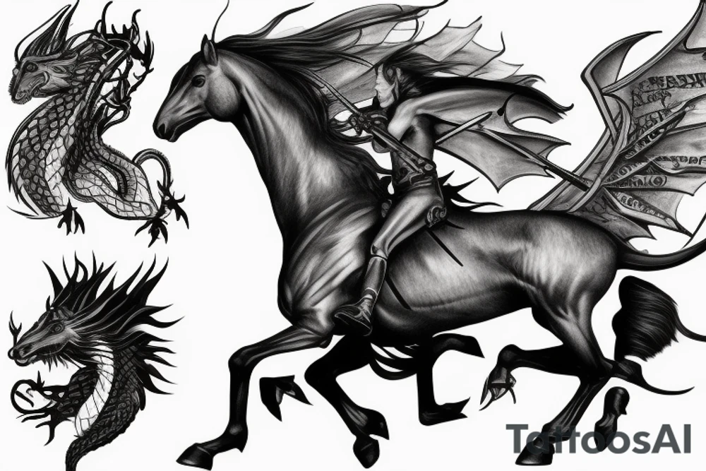 Saint George diding horse and killing dragon realistic tattoo idea