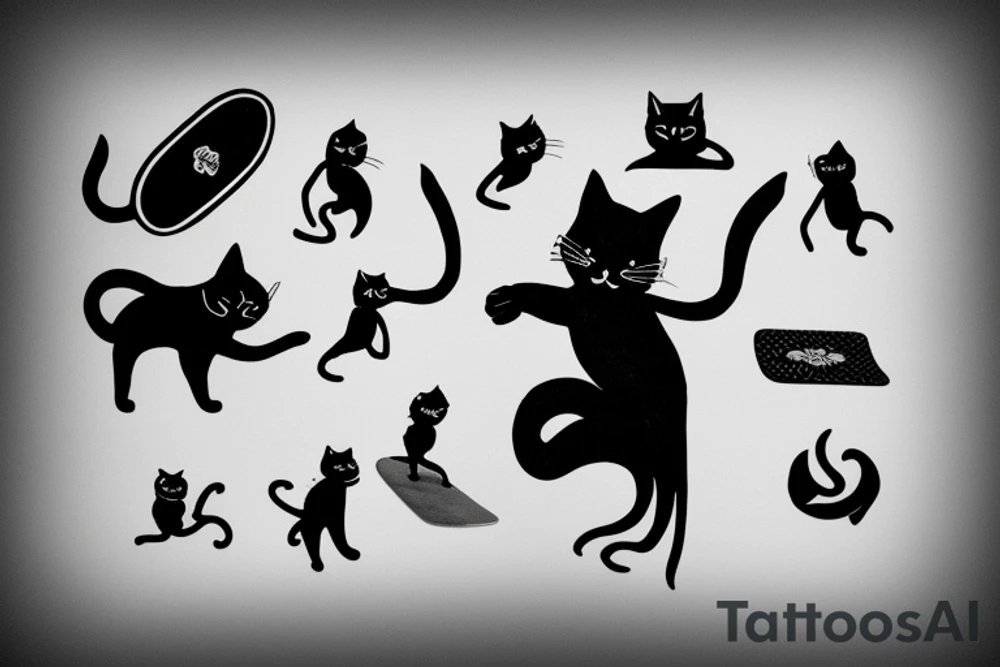 black cat riding a skateboard tattoo idea