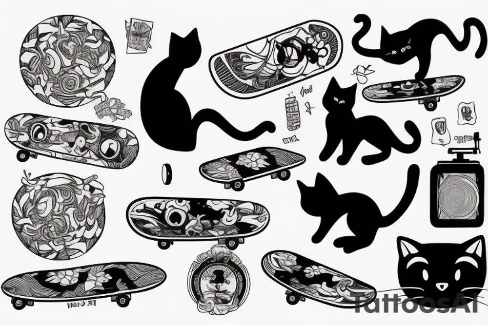 black cat riding a skateboard tattoo idea