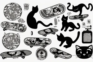 black cat riding a skateboard tattoo idea