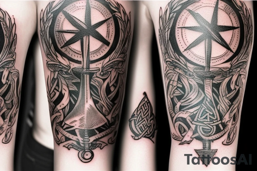 Full arm sleeve tattoo of multiple pictures combined together: Viking axe, viking ship, viking rune, compass, ace of hearts, half croatian flag and few life quotes. tattoo idea