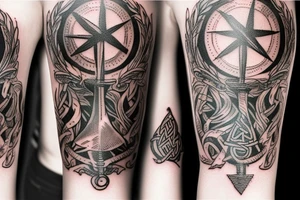 Full arm sleeve tattoo of multiple pictures combined together: Viking axe, viking ship, viking rune, compass, ace of hearts, half croatian flag and few life quotes. tattoo idea